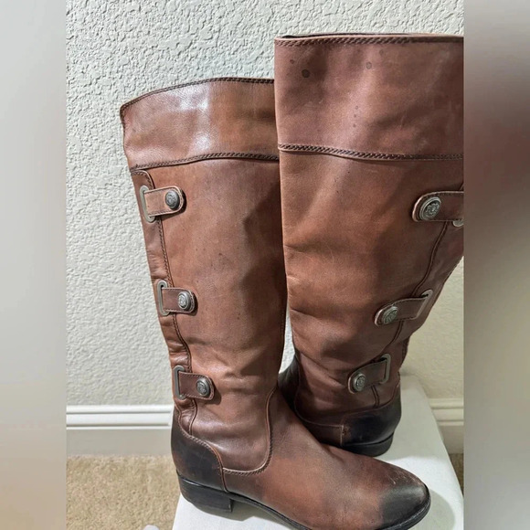 Arturo Chiang WomenTall Riding Boots Pull-On Brown Leather Distressed Side Zip 8 - Picture 4 of 12